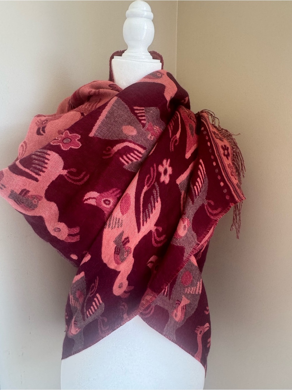 Kuna Millennium collection shawl scarf silk alpaca Nazca culture cherry red pink